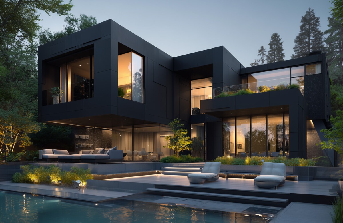 Modern black luxury home with outdoor lighting and pool